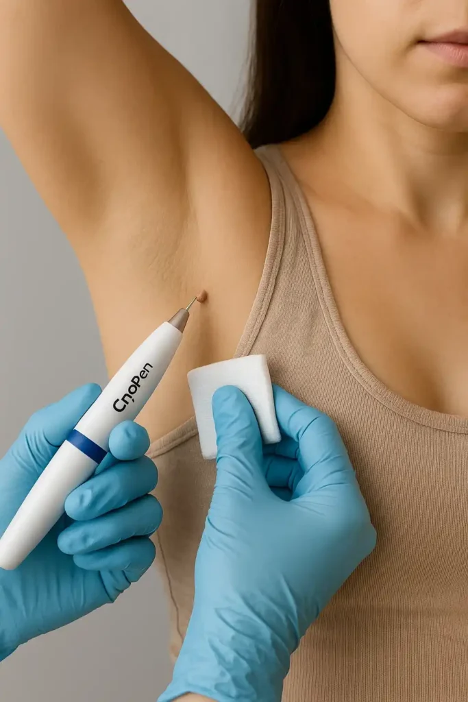 woman having cryopen to remove underarm skin tags Hounslow