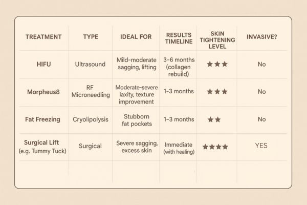 Table showing the comparisons of Skin tightening Hounslow treatment options. 